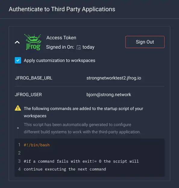 Authentication dialogue between JFrog's and Strong Network's platforms